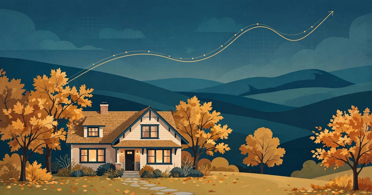 Bay Area home in autumn with a rising market trend line — fall 2026 housing market update